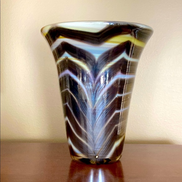 Iridescent Art Glass Trumpet Vase Peacock Swirl Pattern Artist Signed 4.75”